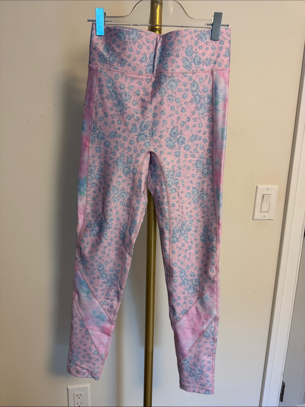 LoveShackFancy Pink Floral Leggings with Pastel Tie-Dye Panels